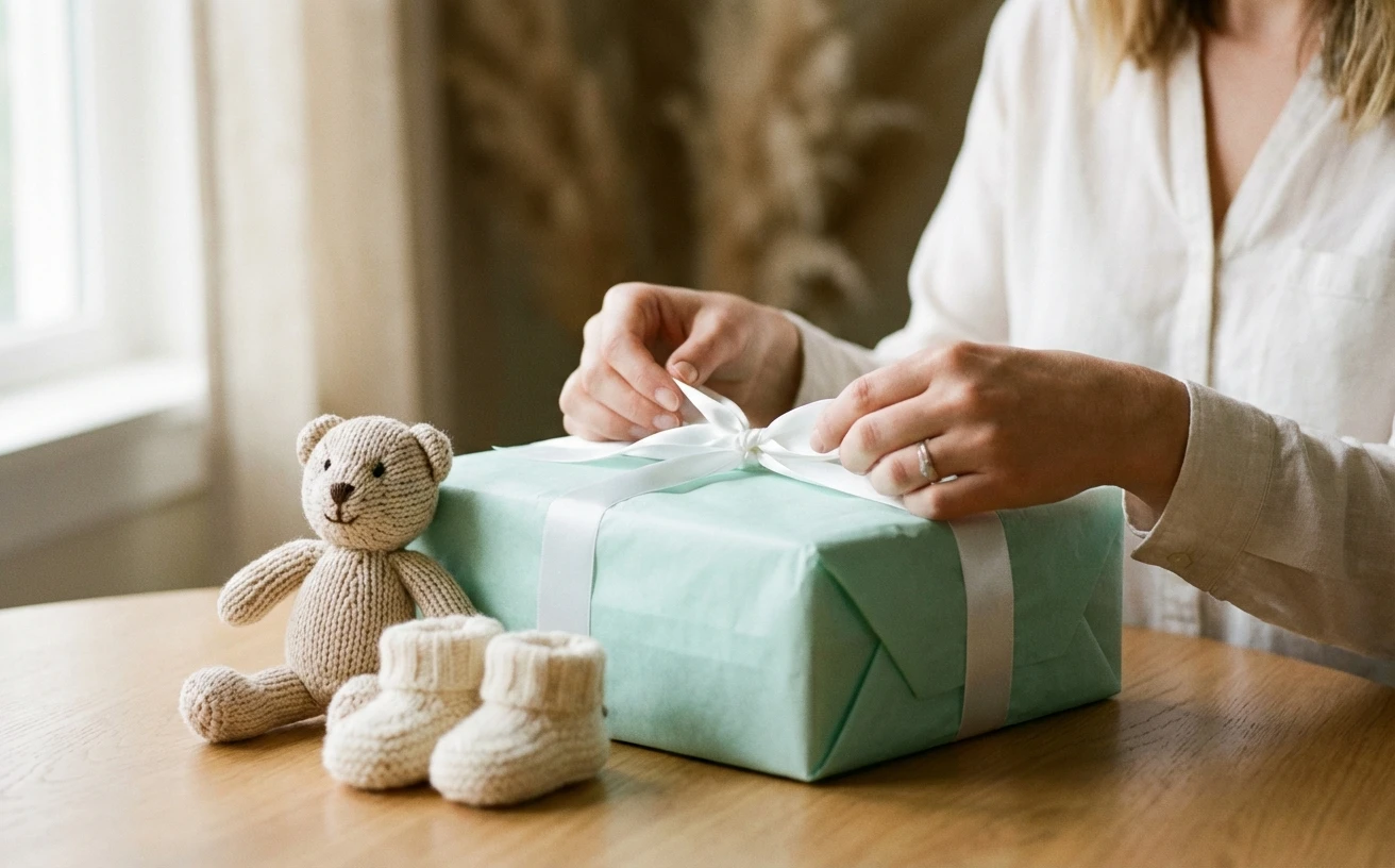 Colorful gift-wrapped kids and baby products with a personal message