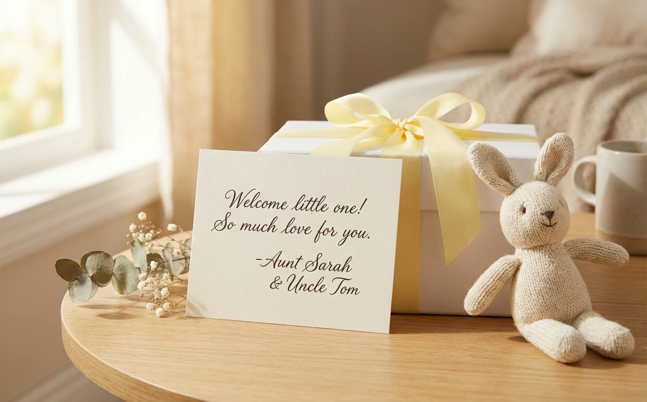 Heartfelt gift message card tucked inside a wrapped baby shower gift