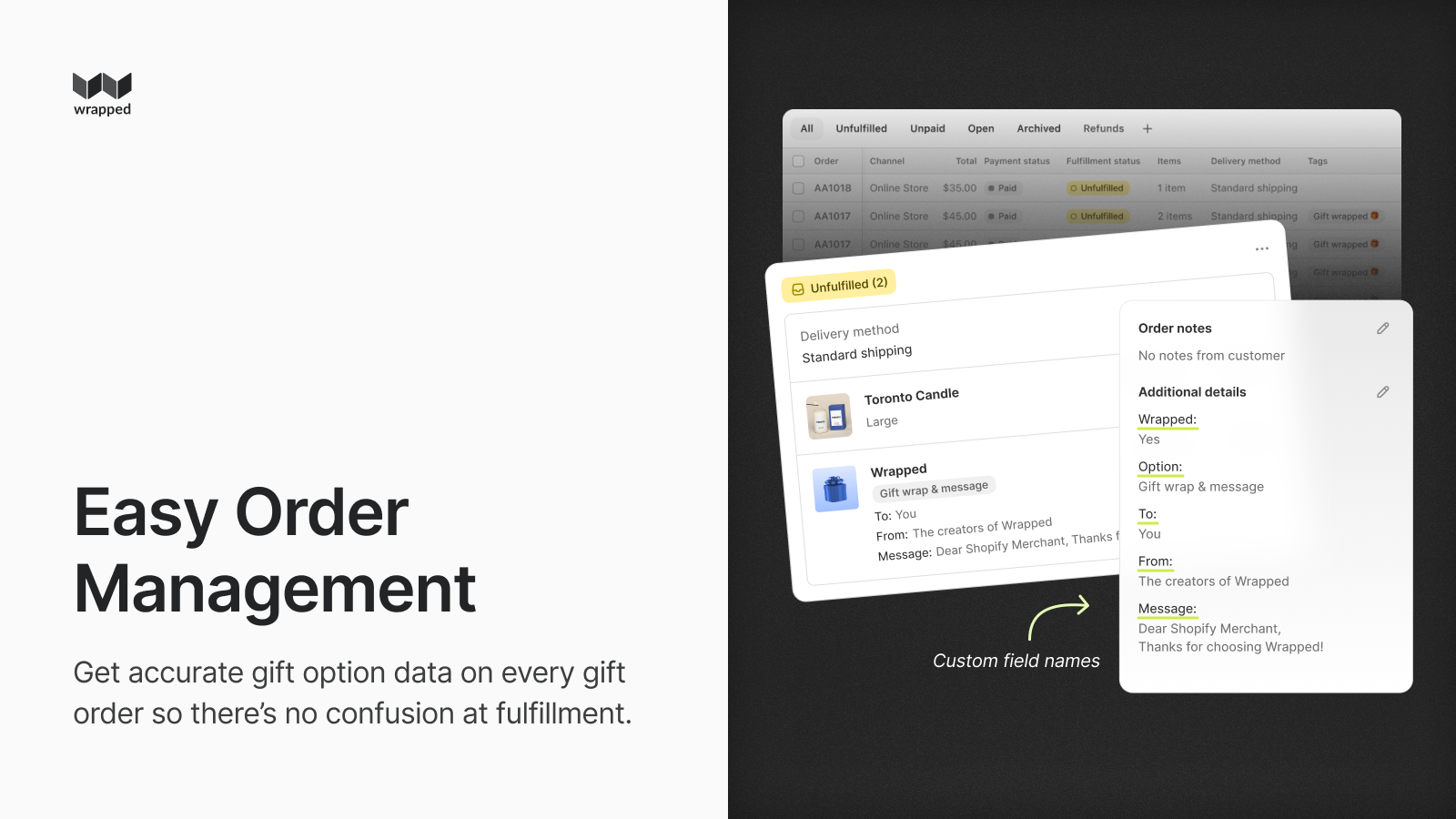Shopify order admin showing gift message details and packing slip integration