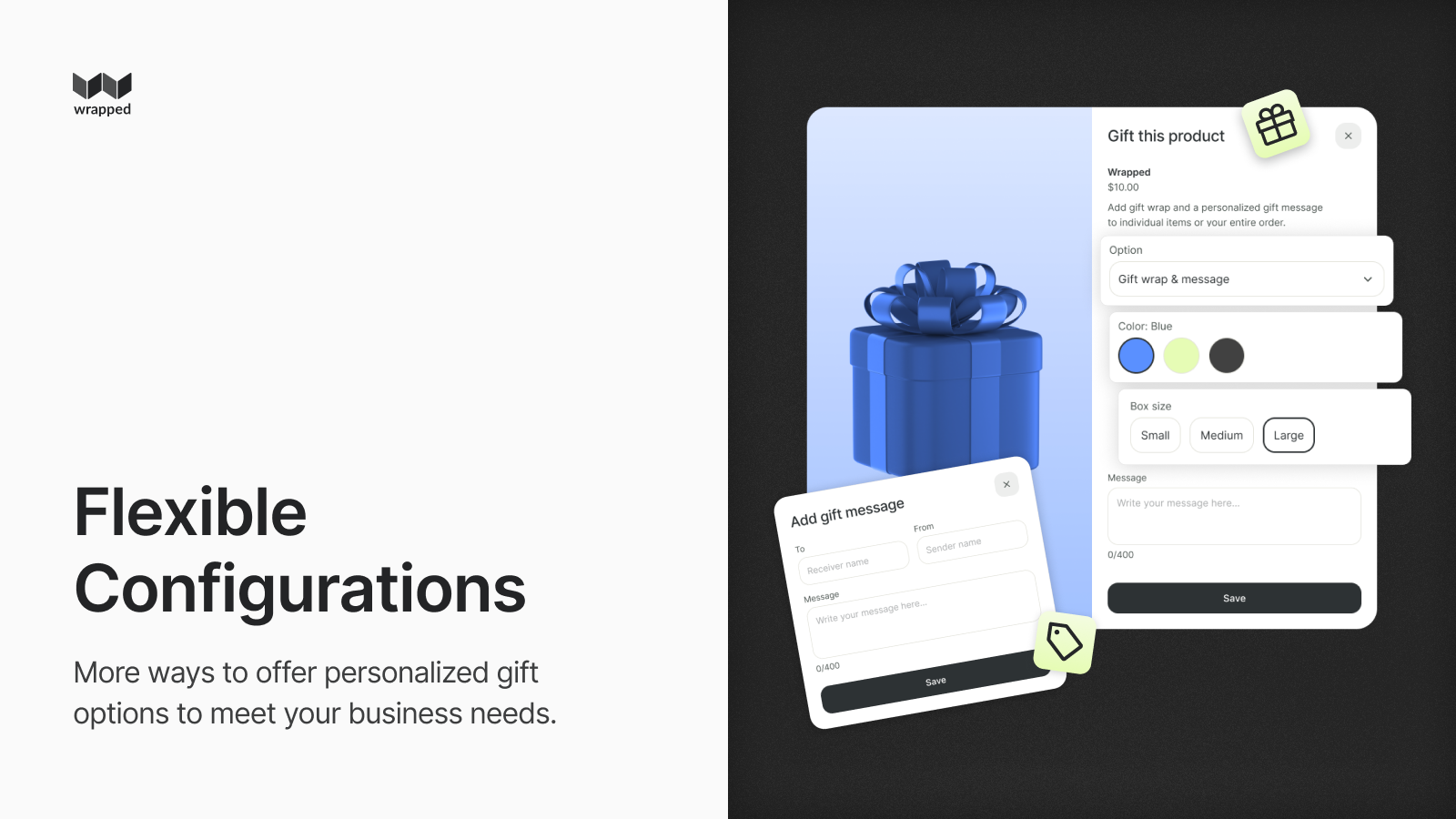 Wrapped gift block on a Shopify product page with wrapping options and personal message