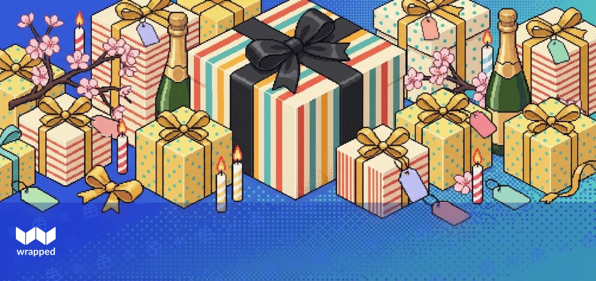 A colorful birthday gift box with a handwritten note surrounded by candles and confetti