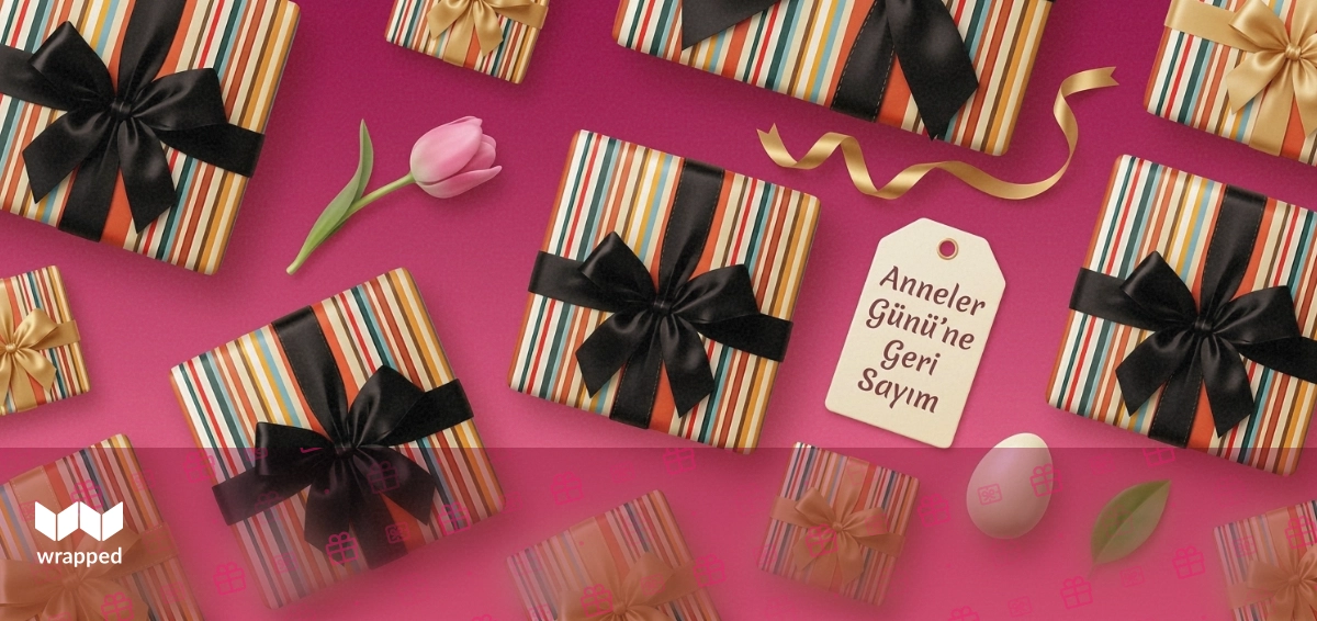 A colorful gift box with flowers and a handwritten note surrounded by Turkish and international postage stamps