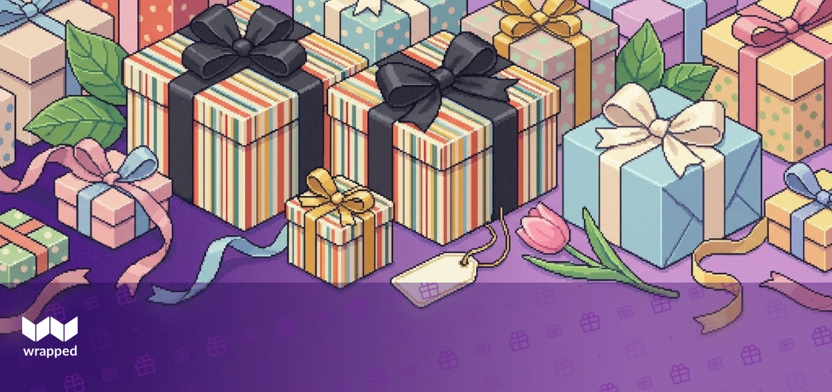 Wrapped gift boxes with ribbon and cards arranged on a table, showing gift presentation details