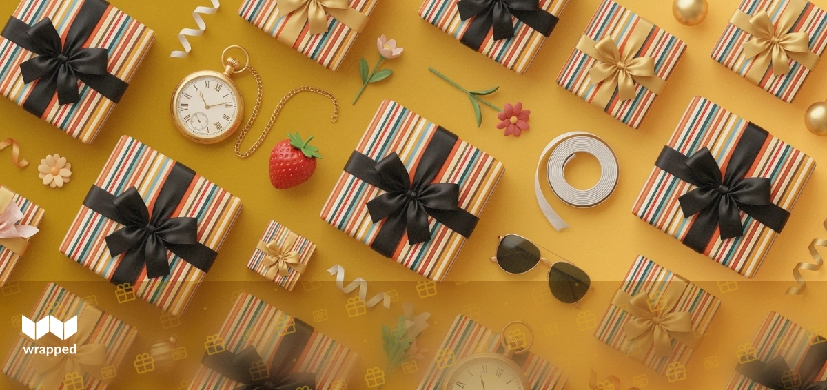 A bracelet and necklace resting on a gift box surrounded by birthday wrapping paper and family photos