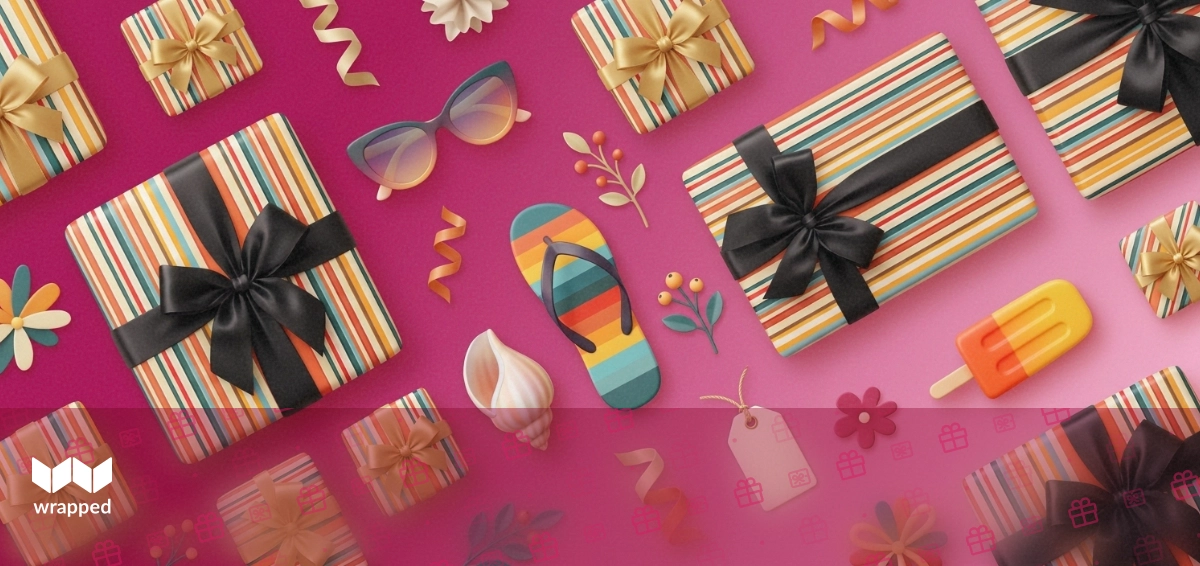 Folded shirts and hats arranged as gifts with wrapping paper and cards nearby on a table