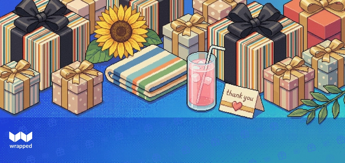 A family exchanging wrapped birthday gifts around a summer table with no holiday decorations in sight