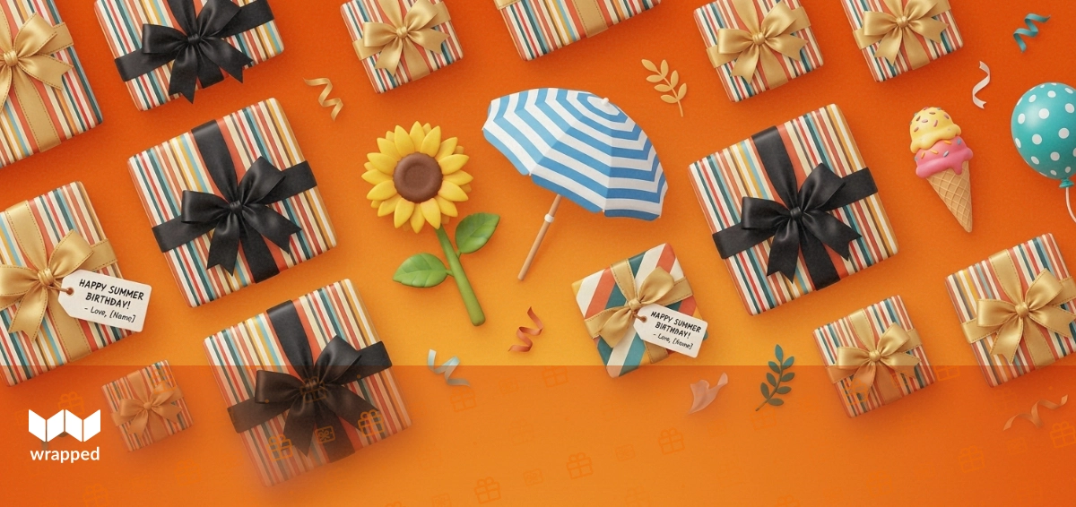 Colorful birthday gifts and wrapped presents arranged on a summer table with warm natural light