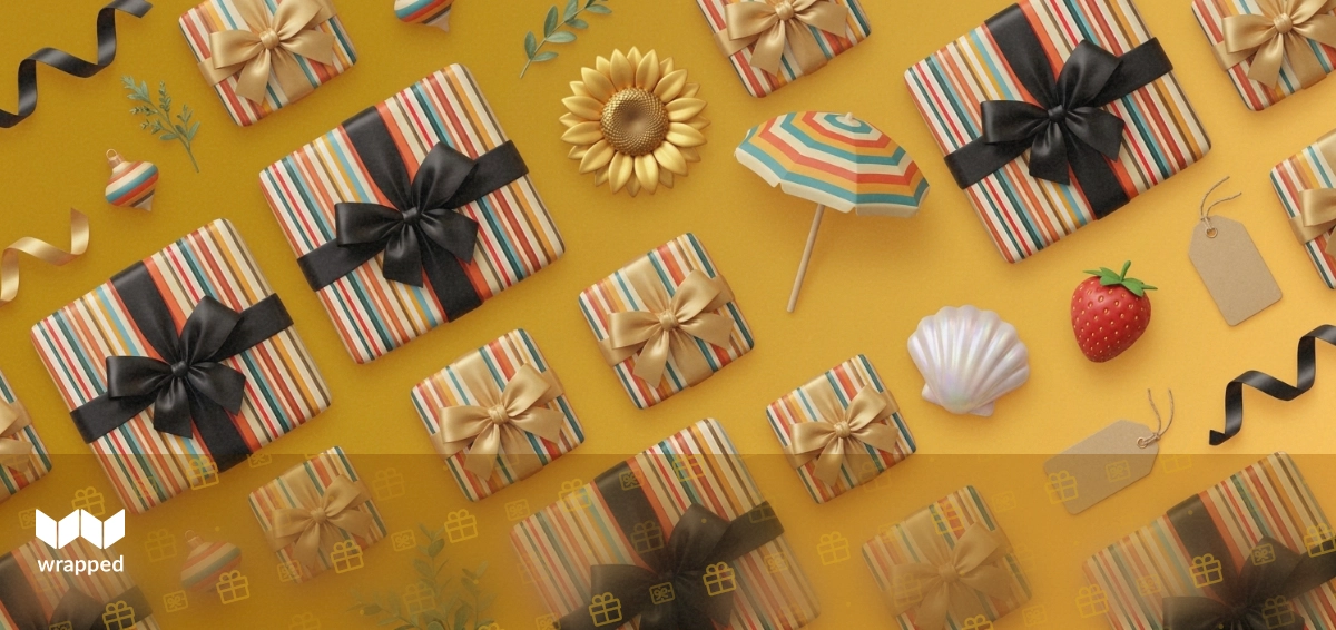 Two gift boxes side by side, one wrapped in warm family tones and one in bright celebratory paper, summer light