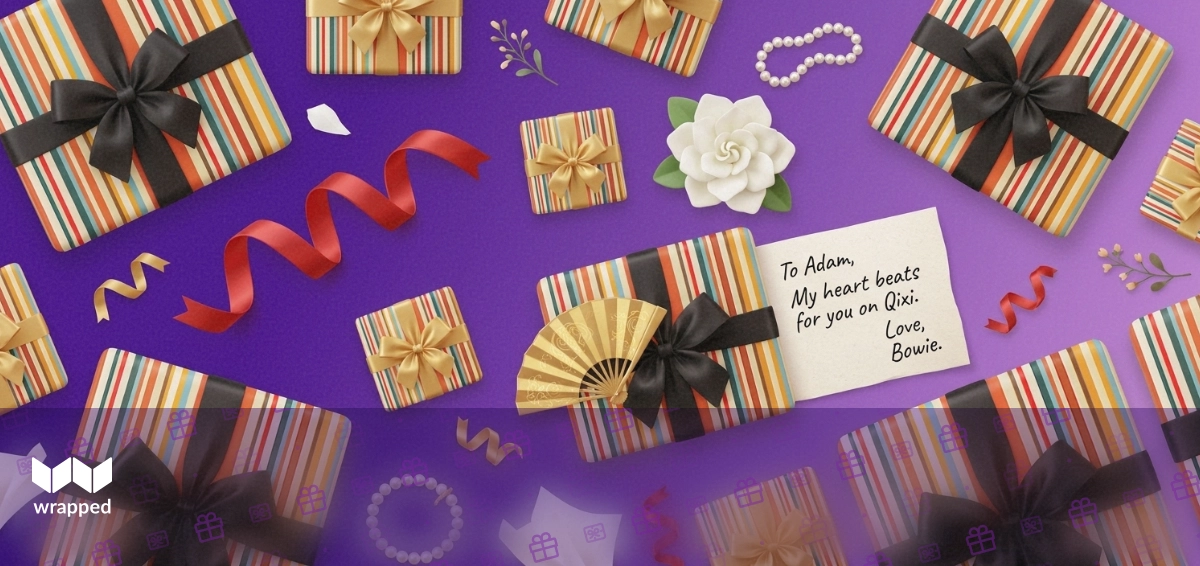 Editorial scene with silk ribbon, golden magpie figurine, love letter, star map, jade bangle, and dried lotus flower on rose-toned surface