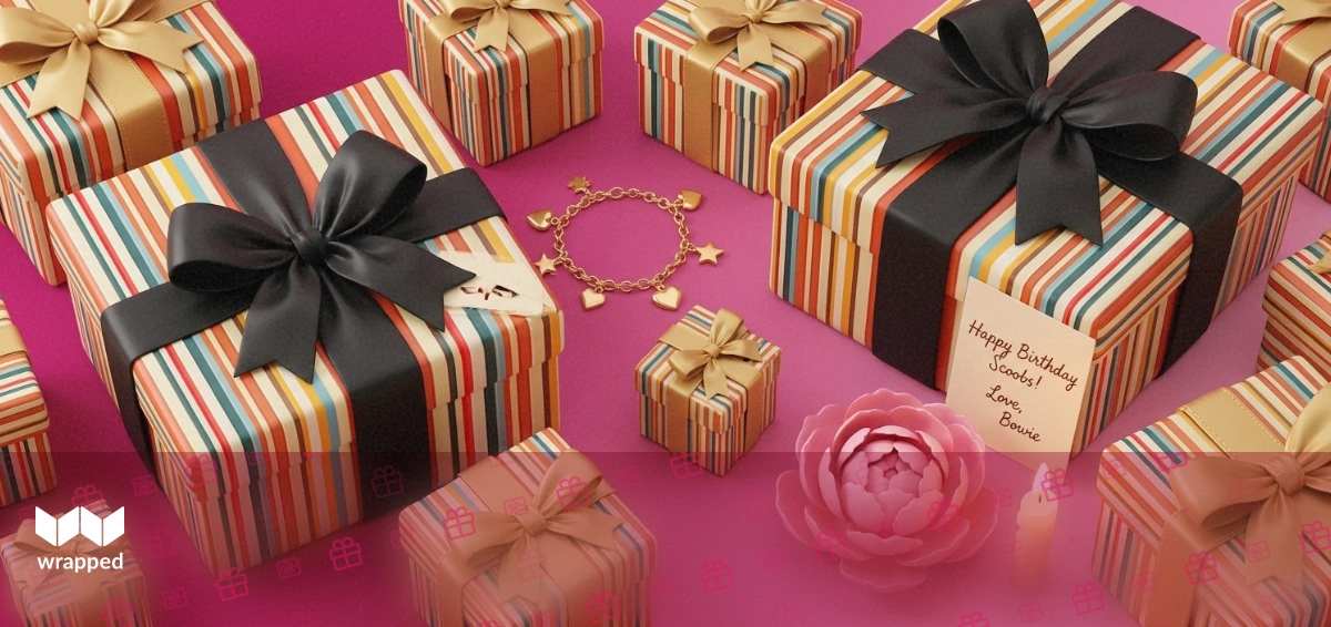 Handwritten gift card beside a gold bracelet, ribbon-tied gift box, pink peony and a birthday candle on a rose-toned surface