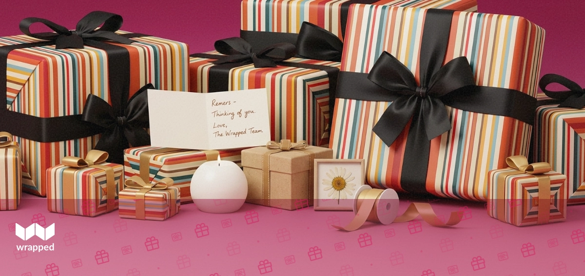 Handwritten message card beside a small kraft gift box, white candle, pressed daisy and spool of ribbon in soft rose light