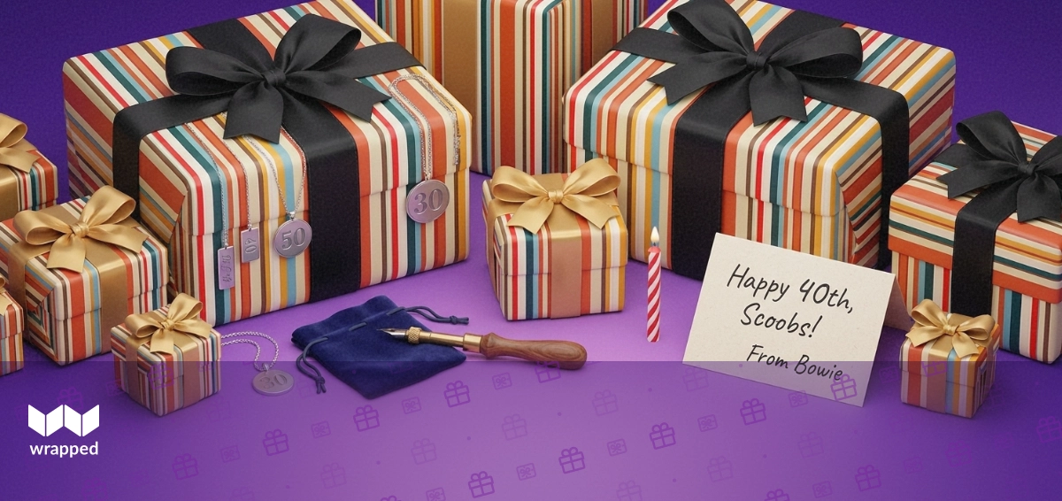 Engraved silver pendant necklace beside a birthday candle, velvet pouch and handwritten message card on a violet surface