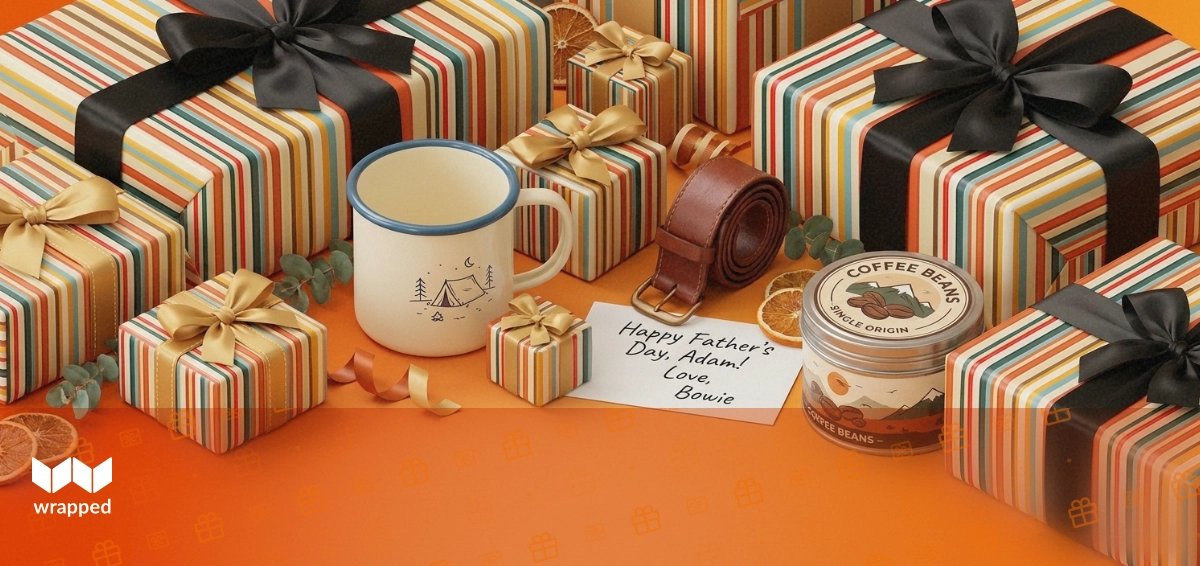 Warm amber tabletop with an enamel camping mug, leather watch strap, coffee tin and a handwritten gift message card