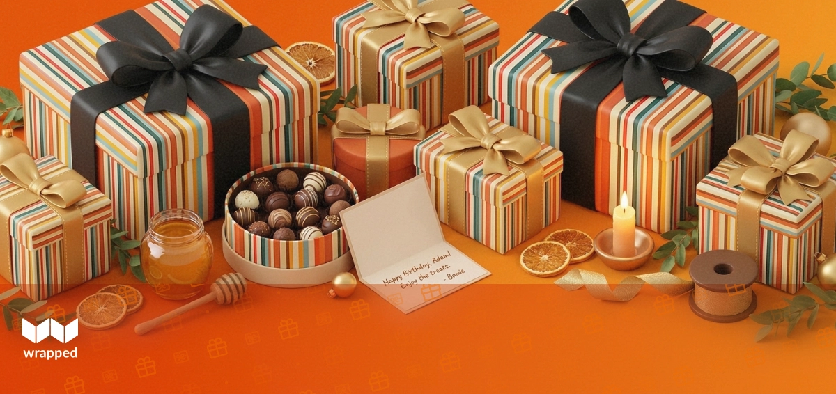A tabletop of edible birthday gifts, chocolate box, honey jar and lit candle beside gold ribbon and a handwritten card