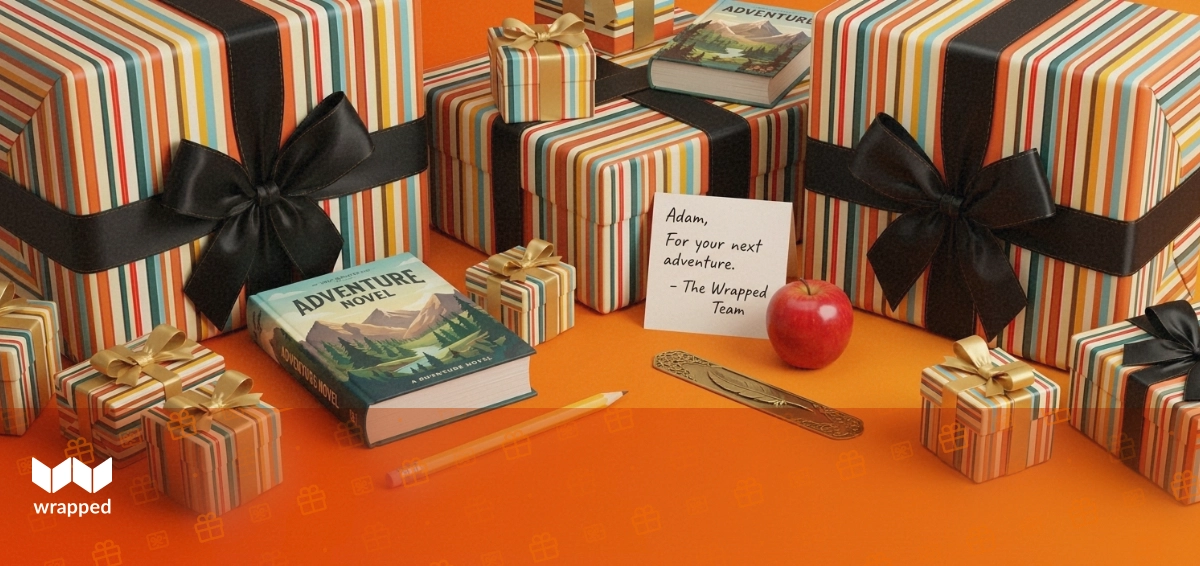 An amber-lit desk scene with a hardcover adventure novel, sharpened pencil, brass bookmark, red apple and a handwritten message card