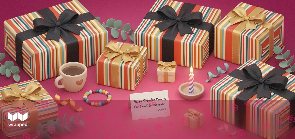 Editorial flat lay with coffee cup, beaded bracelet, party candle, handwritten message card and a small gift box