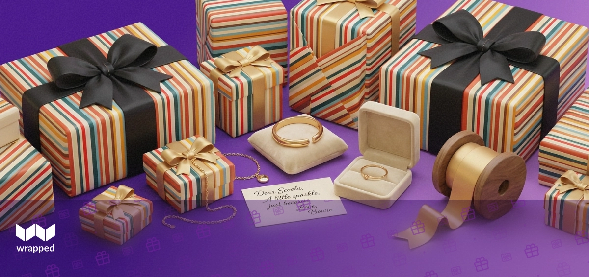 A gold bracelet and chain necklace beside an open velvet jewelry box, a handwritten message card and satin ribbon