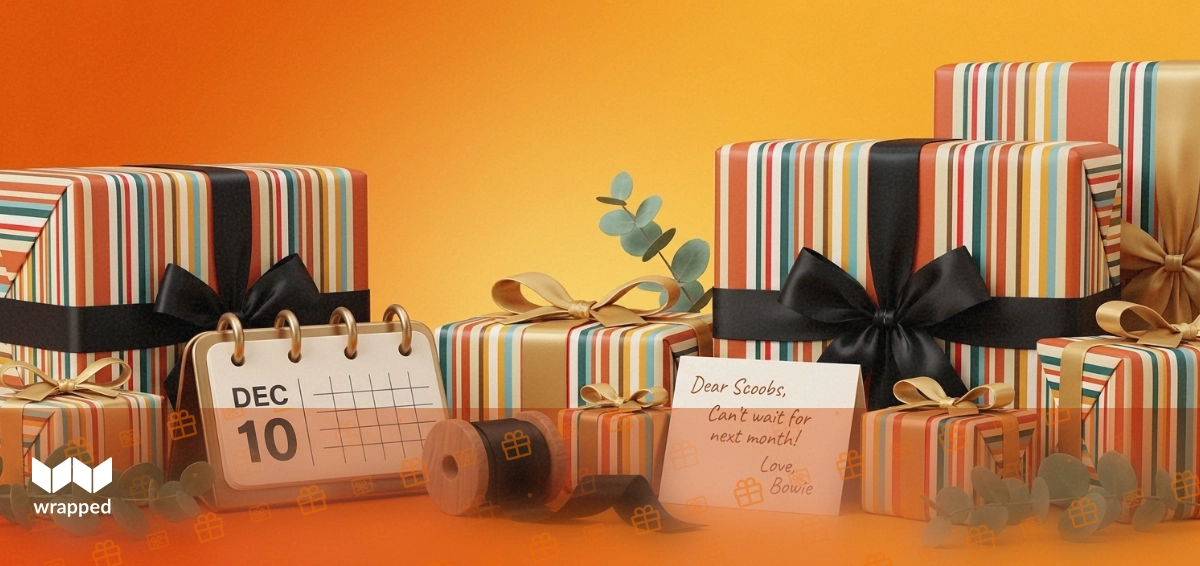 Wrapped gifts, ribbon and a handwritten card arranged beside a brass desk calendar in warm amber light
