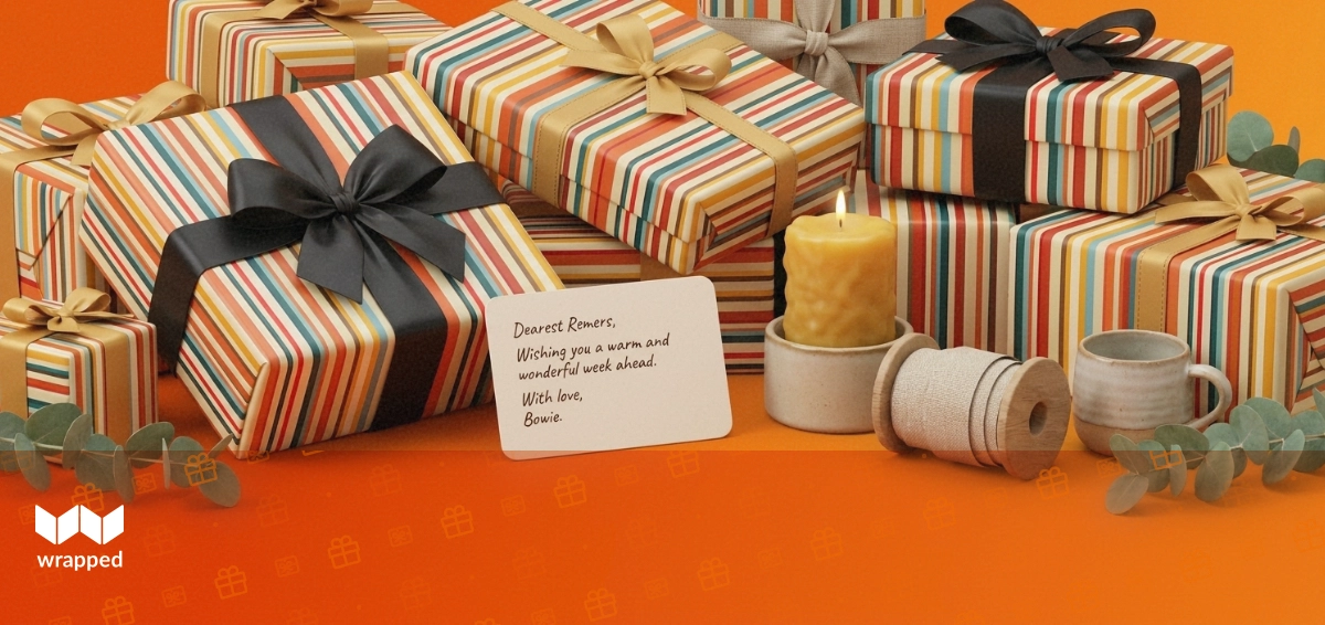 Warm amber still life with a handwritten message card, lit beeswax candle, ribbon spool, ceramic mug and eucalyptus sprig