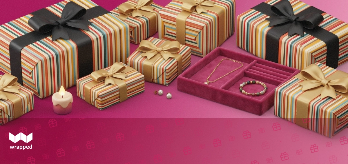 A velvet jewelry tray holding a gold necklace, beaded bracelet, pearl earring and a single birthday candle