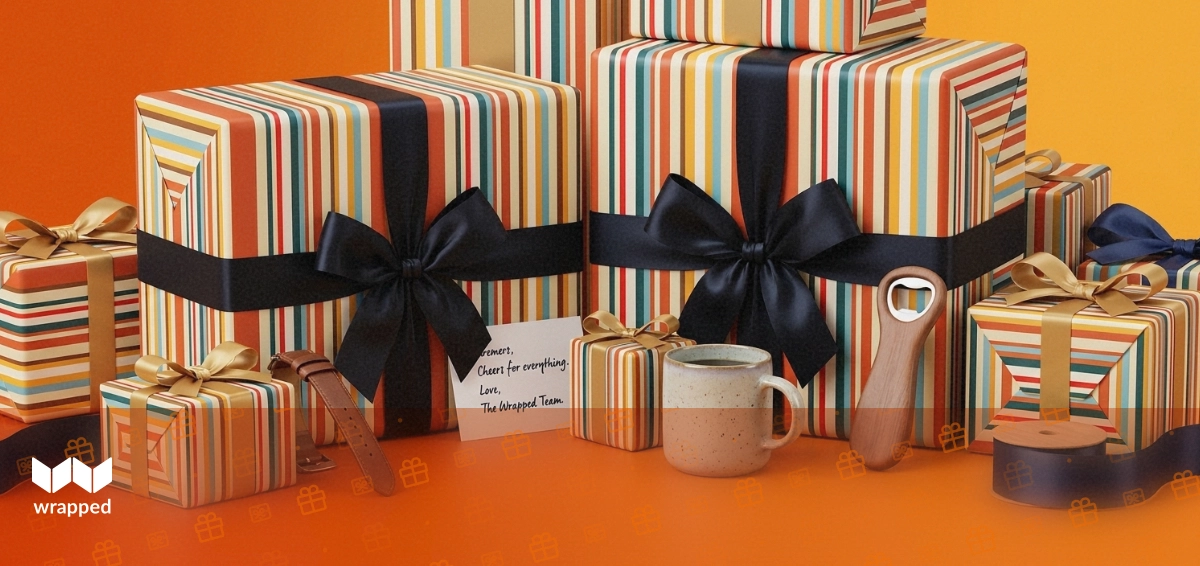 Editorial still life with a leather watch strap, coffee mug, bottle opener, handwritten card and navy ribbon on a warm amber table