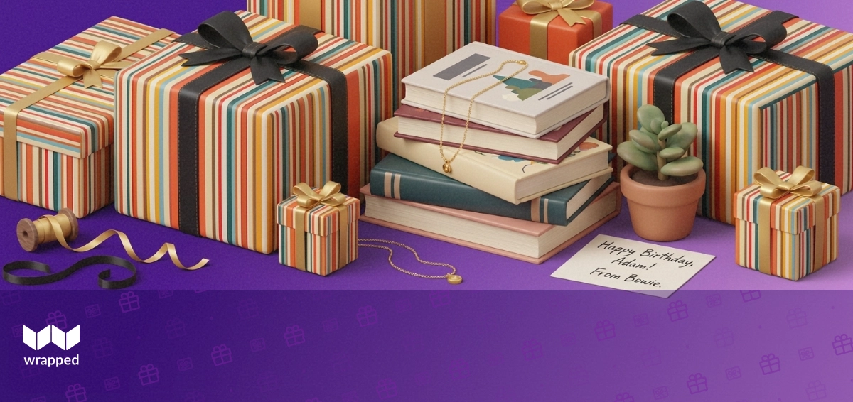 A stack of hardcover books beside a delicate gold necklace, ribbon and a handwritten message card on a warm violet table