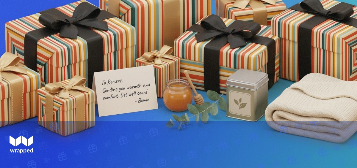 Editorial still life with a handwritten card, honey jar, tea tin and folded knit blanket in cool blue light