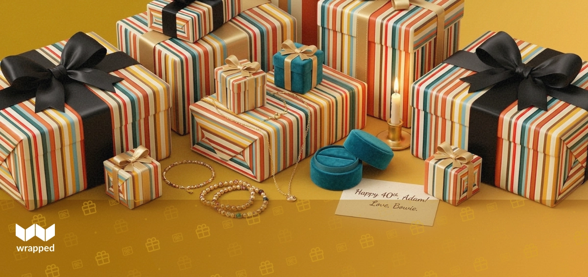 Jeweller's tray with delicate gold necklaces, a beaded bracelet, velvet ring box, birthday candle and a handwritten message card