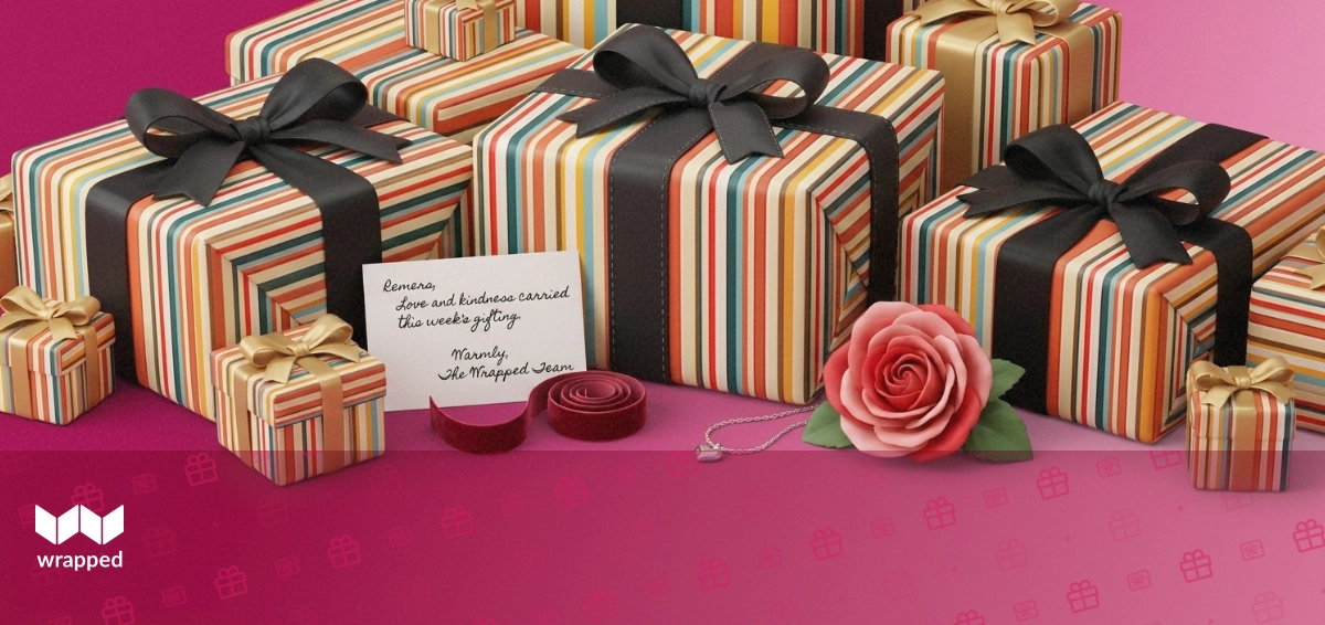 Rose-toned still life with a handwritten message card, silver necklace, velvet ribbon and a single garden rose