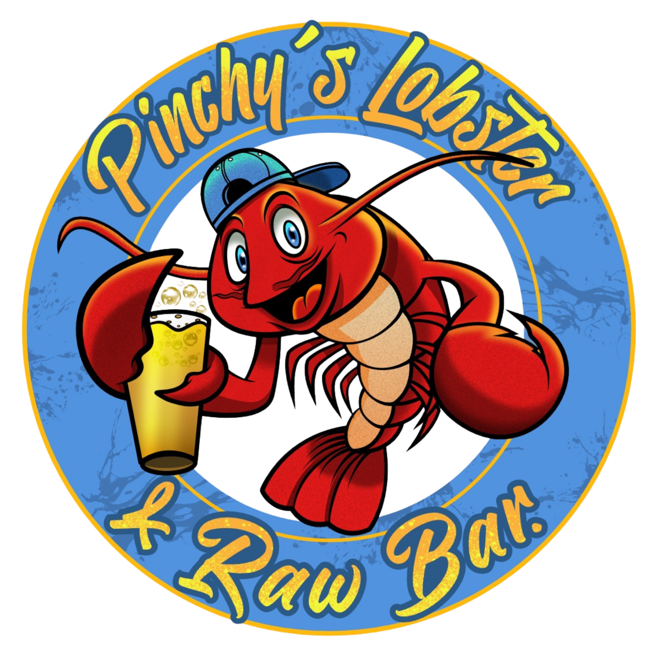 Cartoon lobster wearing a blue cap holding a beer glass in a blue circle labeled Pinchy's Lobster & Raw Bar.