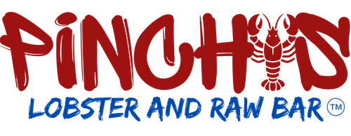 Pinchys logo with red text and a lobster image, tagline Lobster and Raw Bar in blue text.