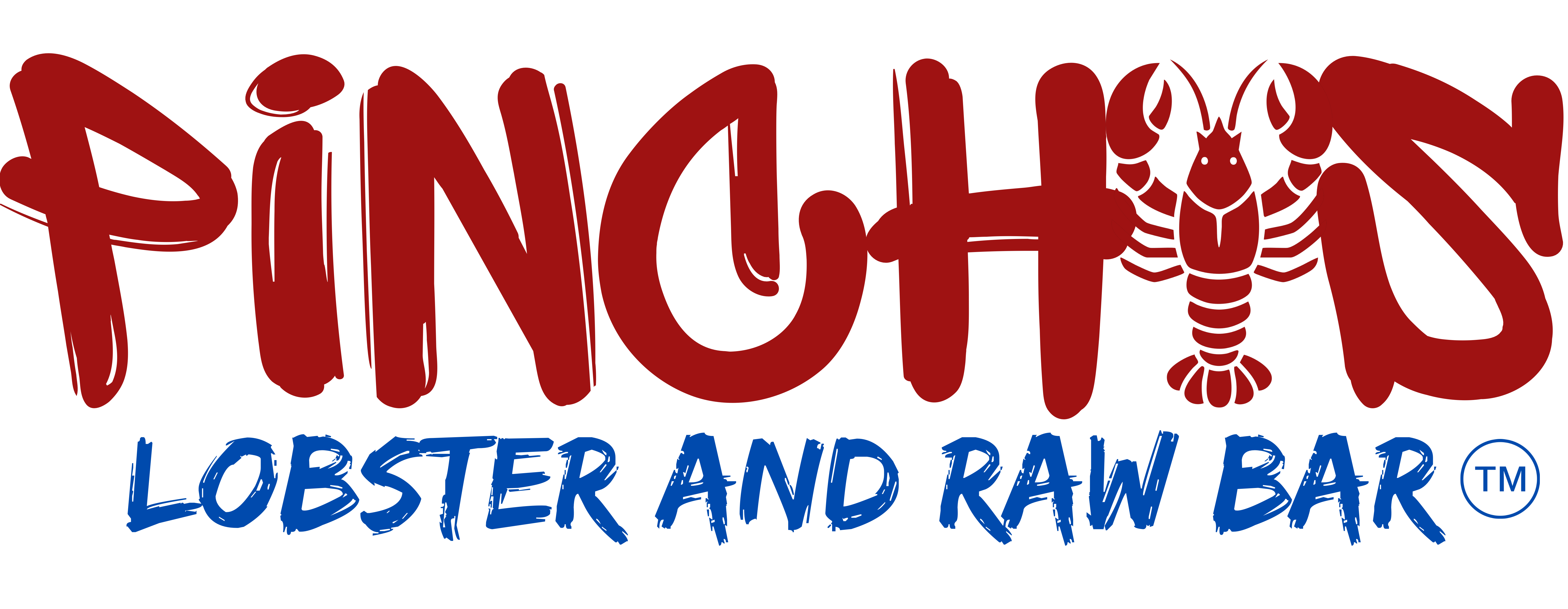 Pinchys logo with red text and a lobster image, tagline Lobster and Raw Bar in blue text.