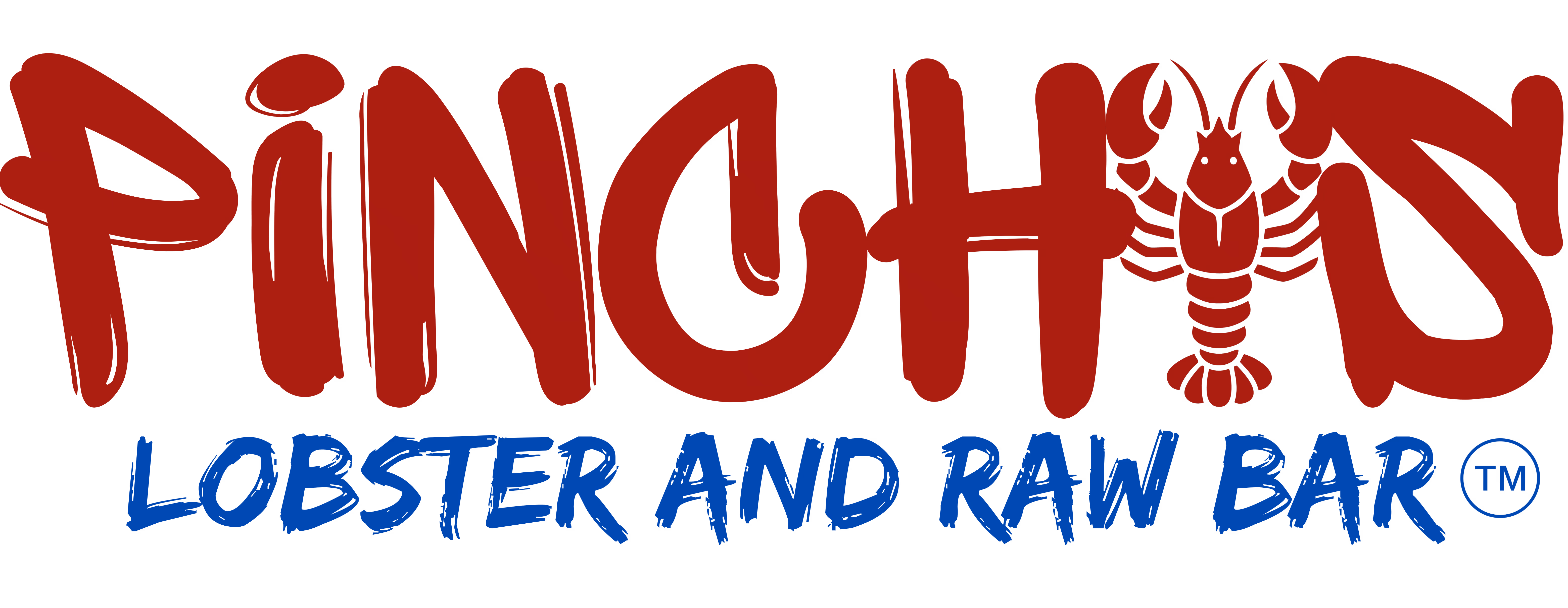 Pinchys logo with red text and a lobster image, tagline Lobster and Raw Bar in blue text.