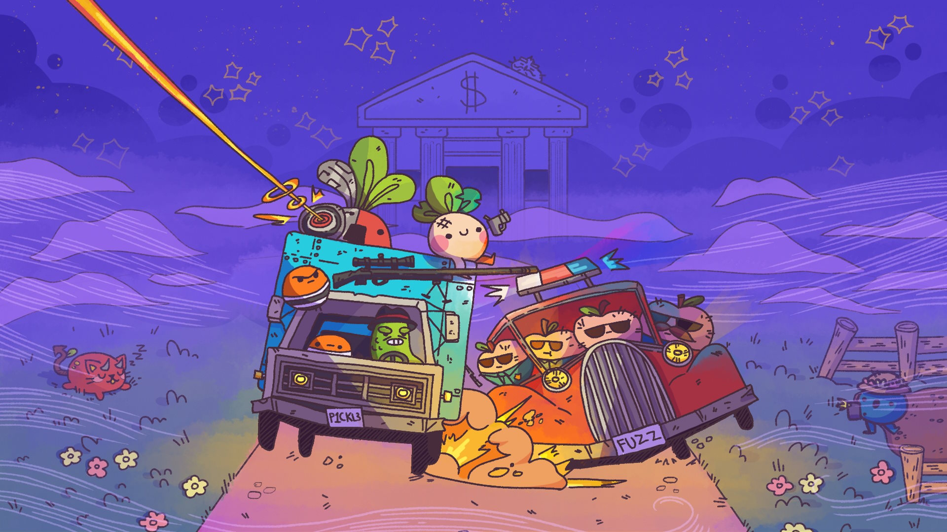 Turnip Boy is back! This time he’s teaming up with the fearsome Pickled Gang to plan and execute the weirdest heist of all time. Shake down hostages, steal precious valuables, battle the fuzz, and use wacky tools bought off the dark web to move further into the vaults of the Botanical Bank.