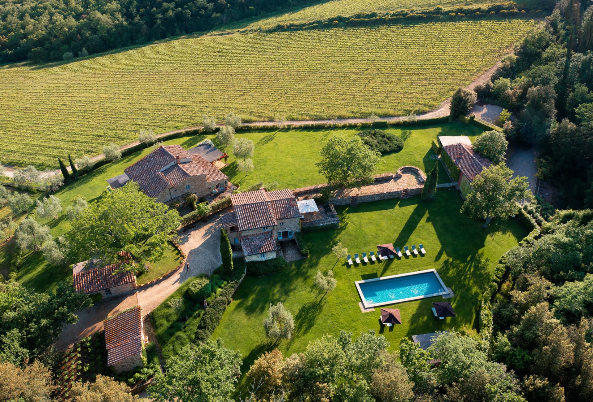 The estate hamlet and gardens at Villa Vignamaggio, Greve in Chianti