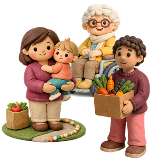 Four cartoon-style figures including an elderly person in a wheelchair, a woman holding a baby, and a man holding a box of vegetables, with a bag of groceries on the ground.
