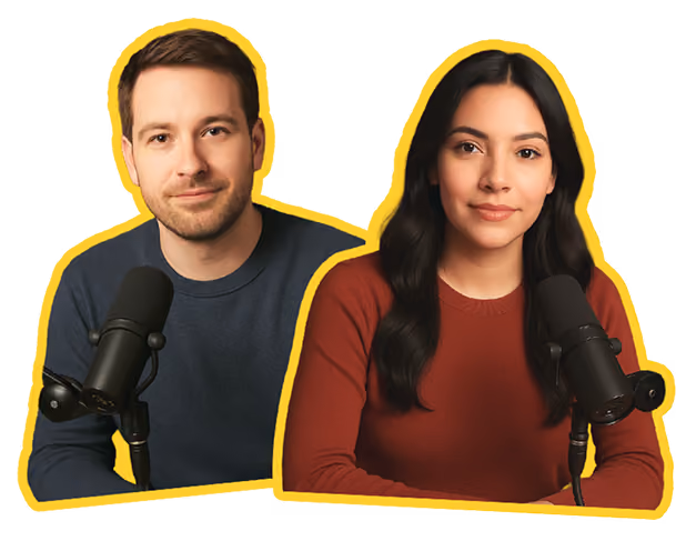 Two hosts with microphones, one in a blue shirt and another in a red sweater, smiling.