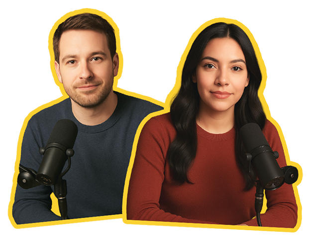 Two hosts with microphones, one in a blue shirt and another in a red sweater, smiling.