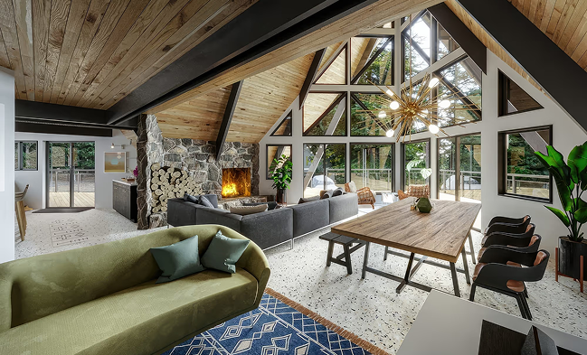 Bright, modern living space with wood accents, large windows, and cozy furniture.