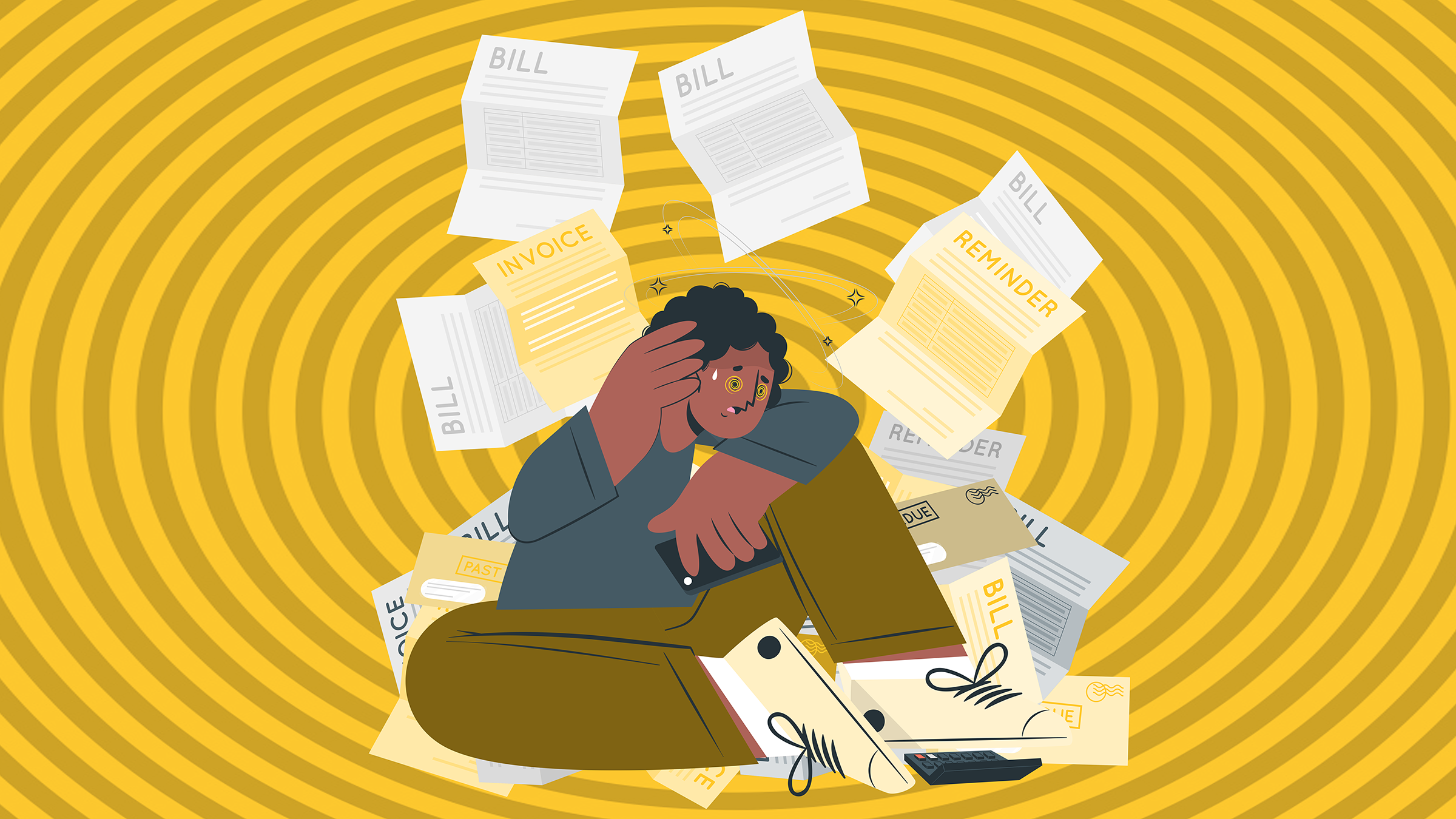 Illustration of a person overwhelmed by bills, representing the stress of managing construction hard and soft costs.