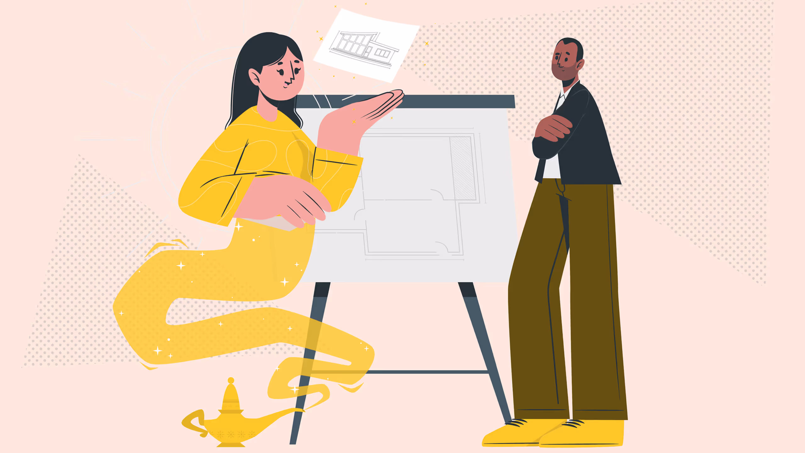 "Illustration of a consultant presenting architectural plans to a client, symbolizing expert project guidance and successful design collaboration.