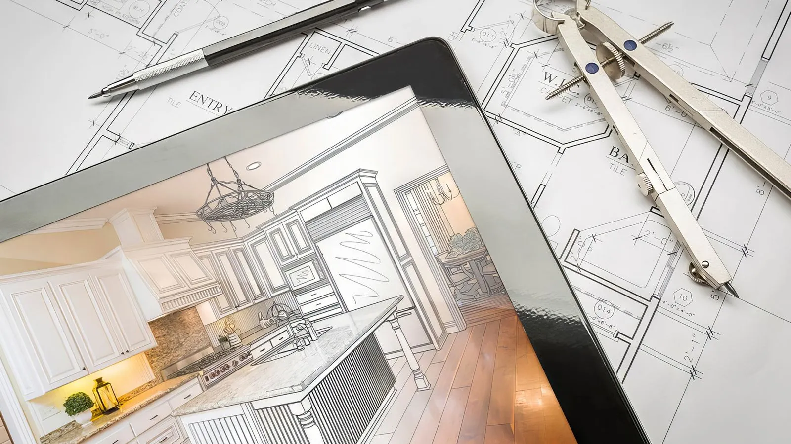 Tablet displaying kitchen renovation plans over architectural blueprints and drafting tools, illustrating design-build vs design-bid-build concept.