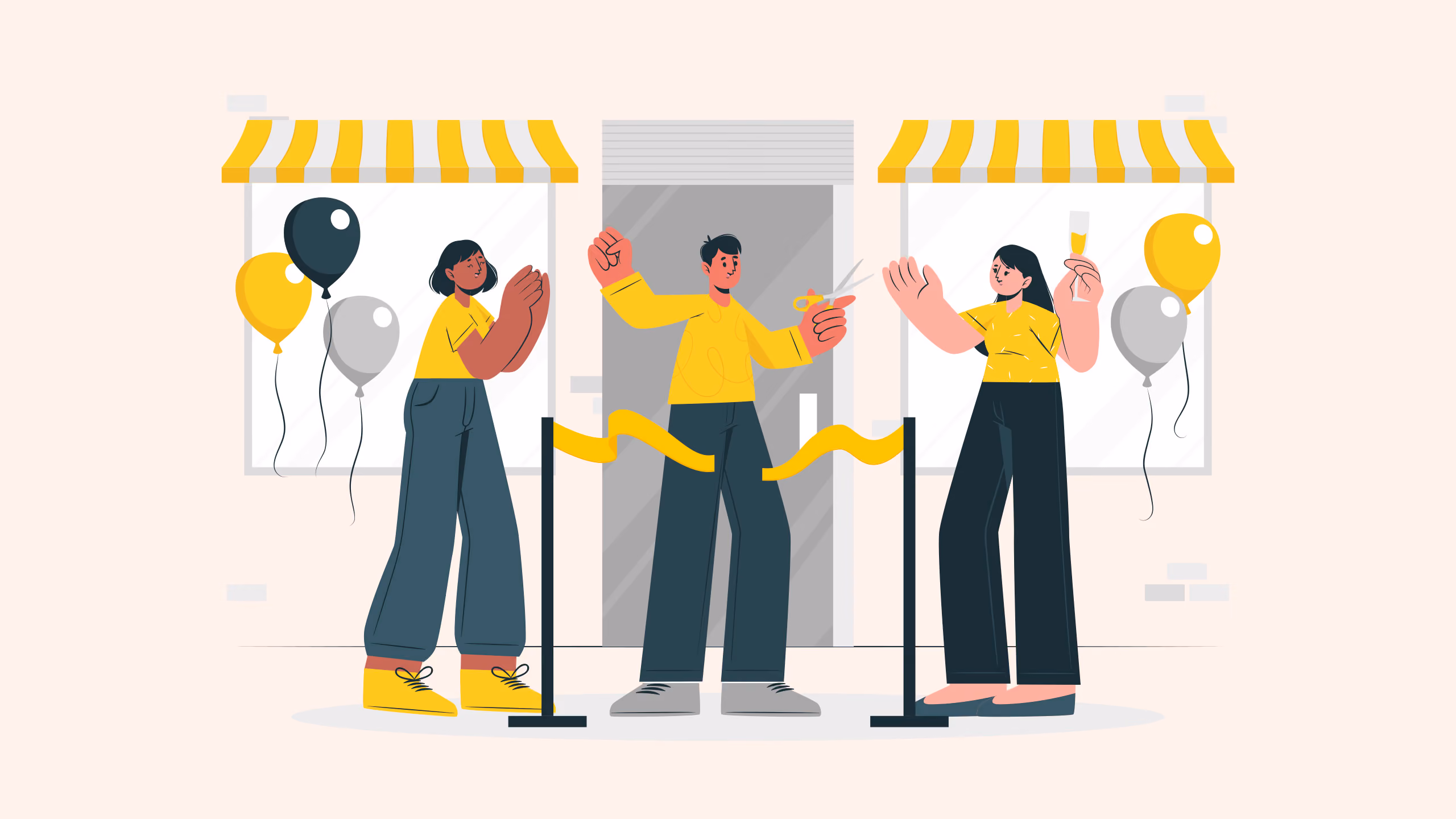 Illustration of a grand opening ribbon-cutting ceremony for a new brick-and-mortar store.