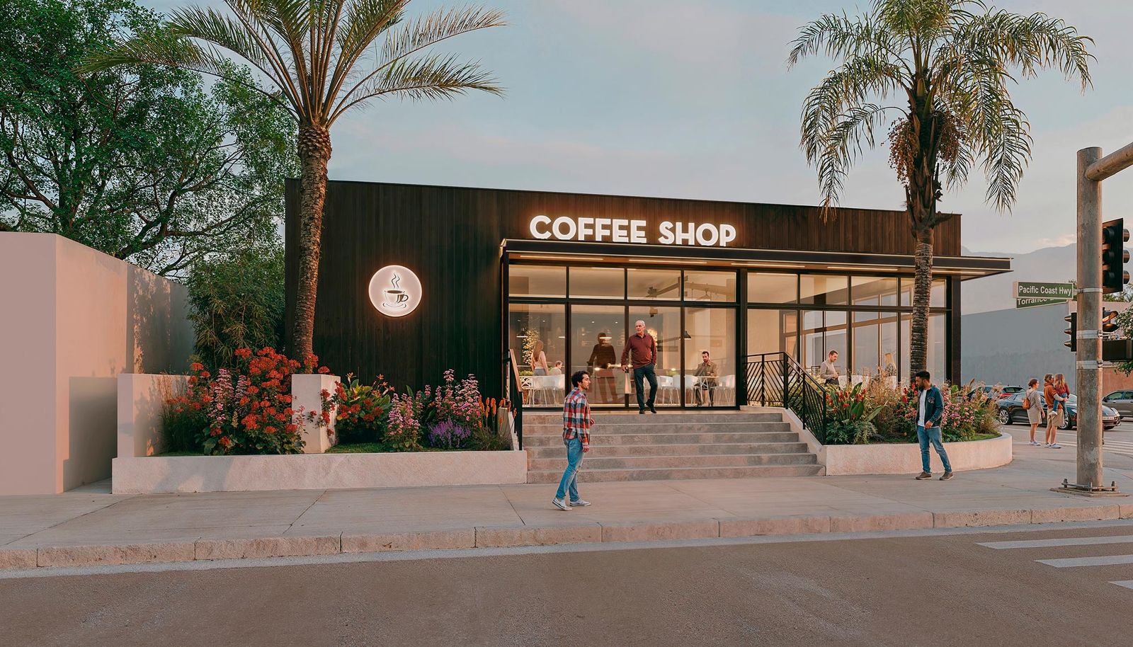 A modern coffee shop with people sitting outside at sunset, illustrating a successful brick-and-mortar store location.
