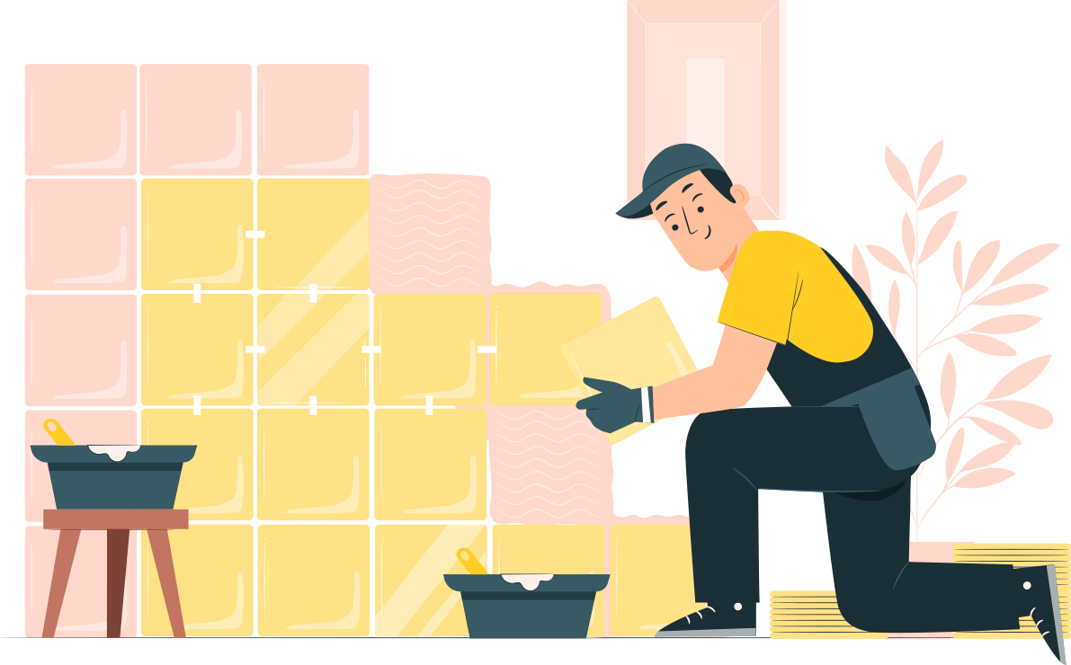 An illustration of a person installing colorful tiles on a wall, representing a phase in a home building project.