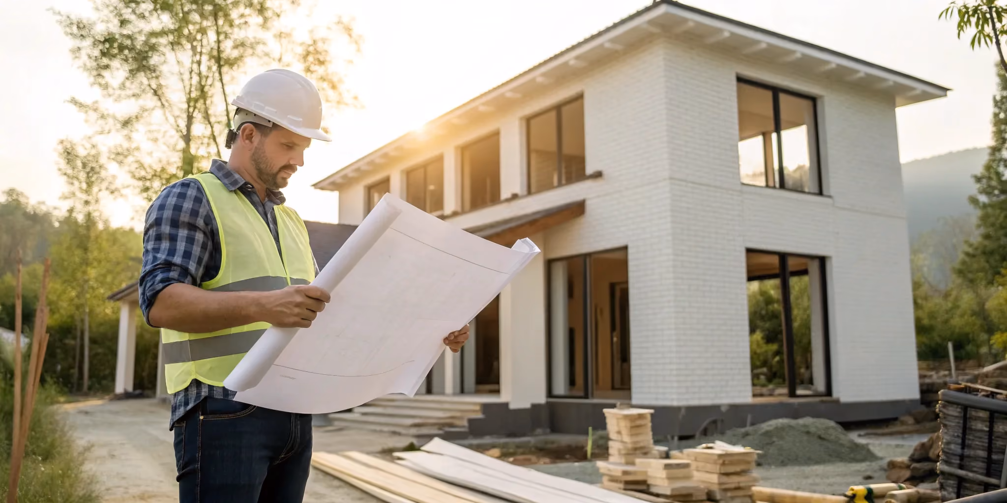 Hiring a general contractor to review blueprints for a home remodel.