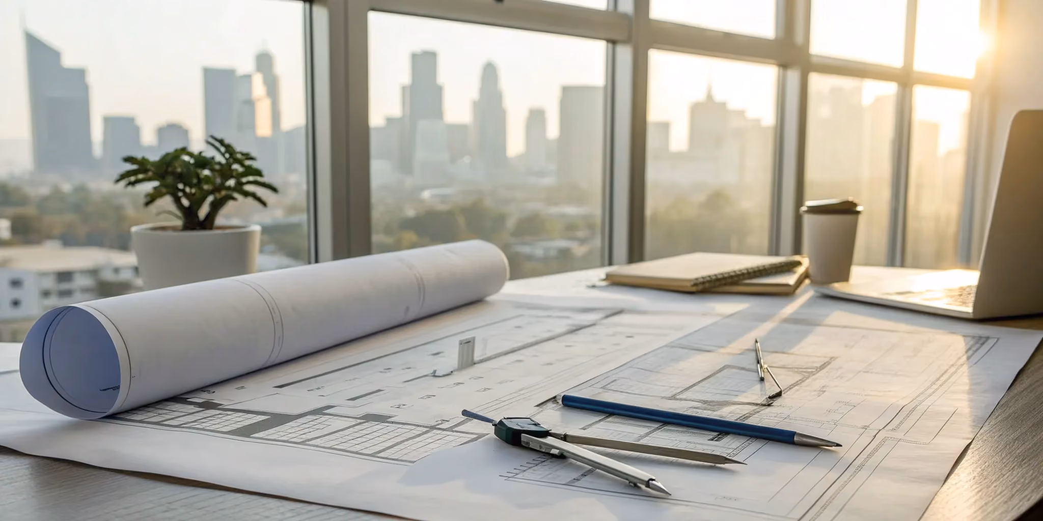 A desk with architectural blueprints and a laptop used to get a design build quote.
