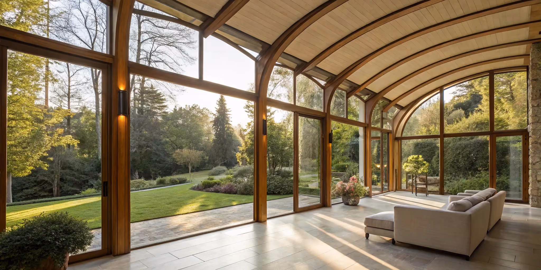 Architectural design for a sunroom home addition with curved wood beams and floor-to-ceiling windows.