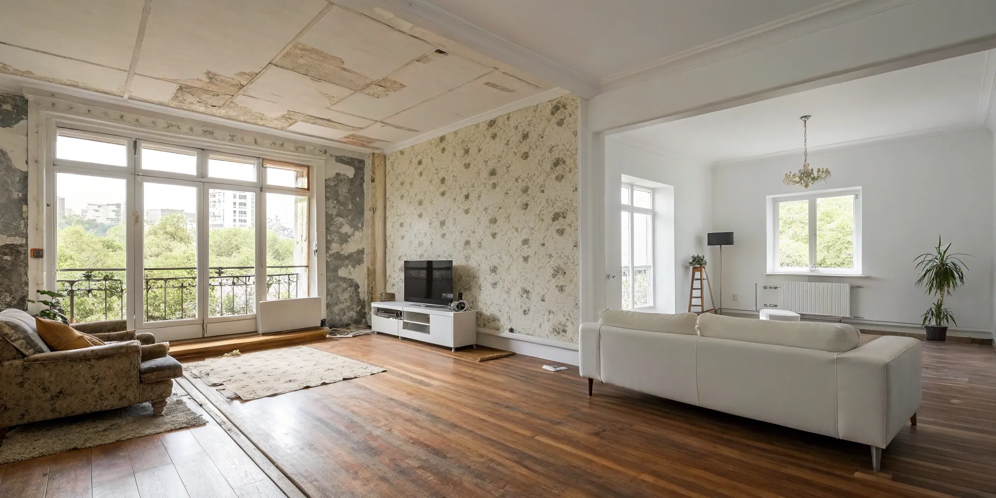 Before and after of a house interior remodel creating a bright, open-concept living space.