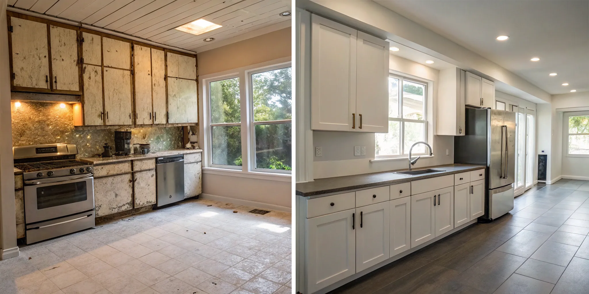 Whole house remodel before and after of a kitchen transformation.